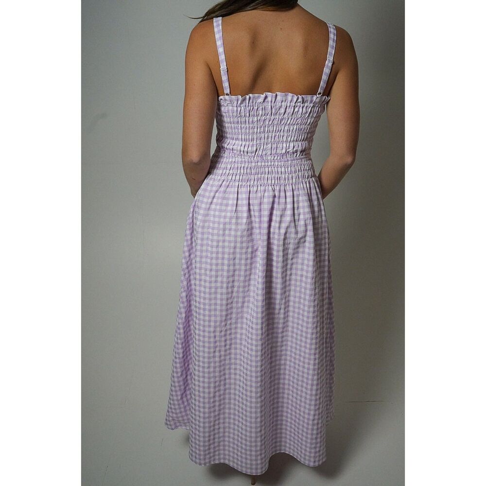 TCEC Gingham Square Neck Smocked Bodice Midi Dress Lavender Purple Medium - Picture 3 of 7